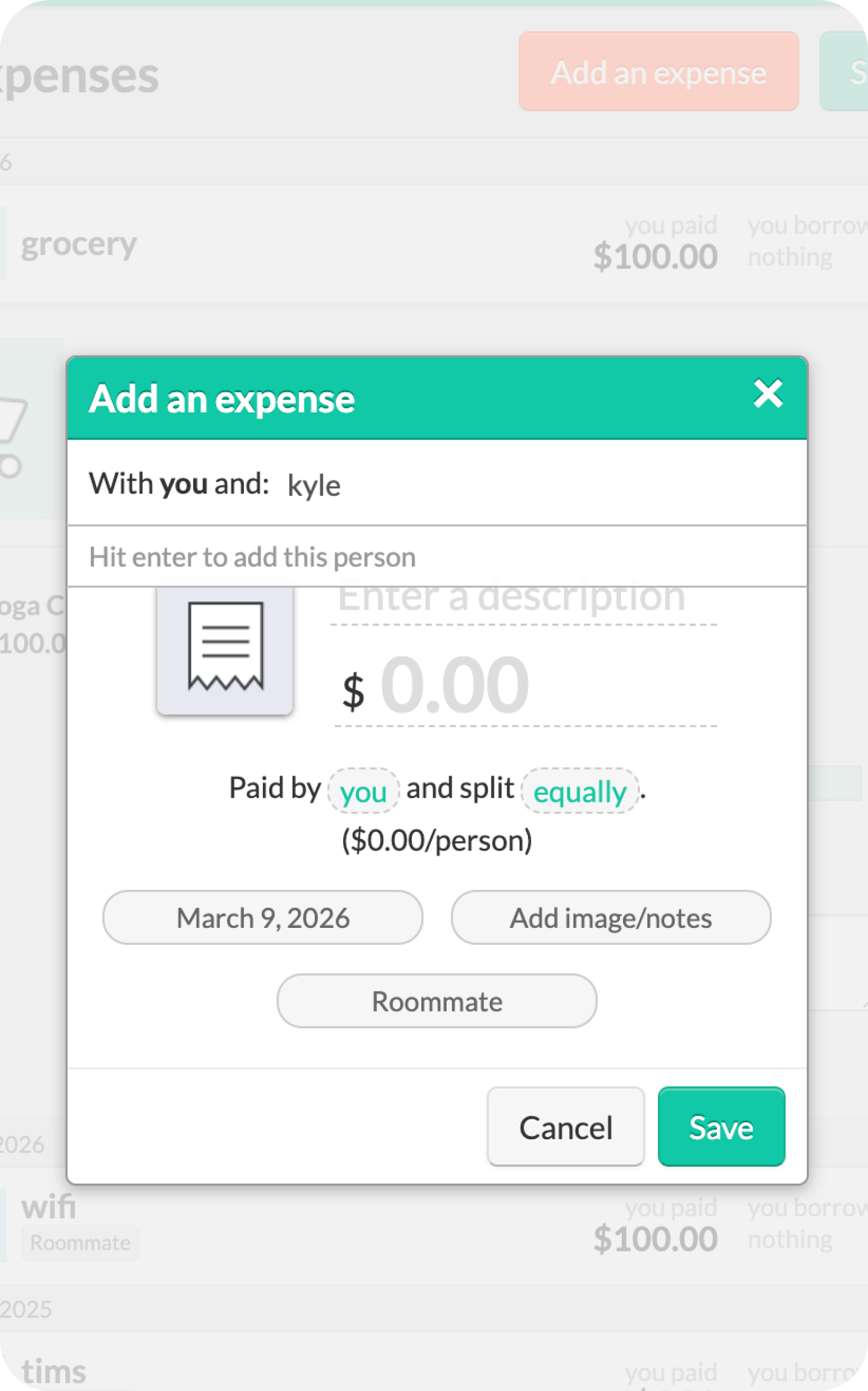 Splitwise cost-add UI — ledger-first