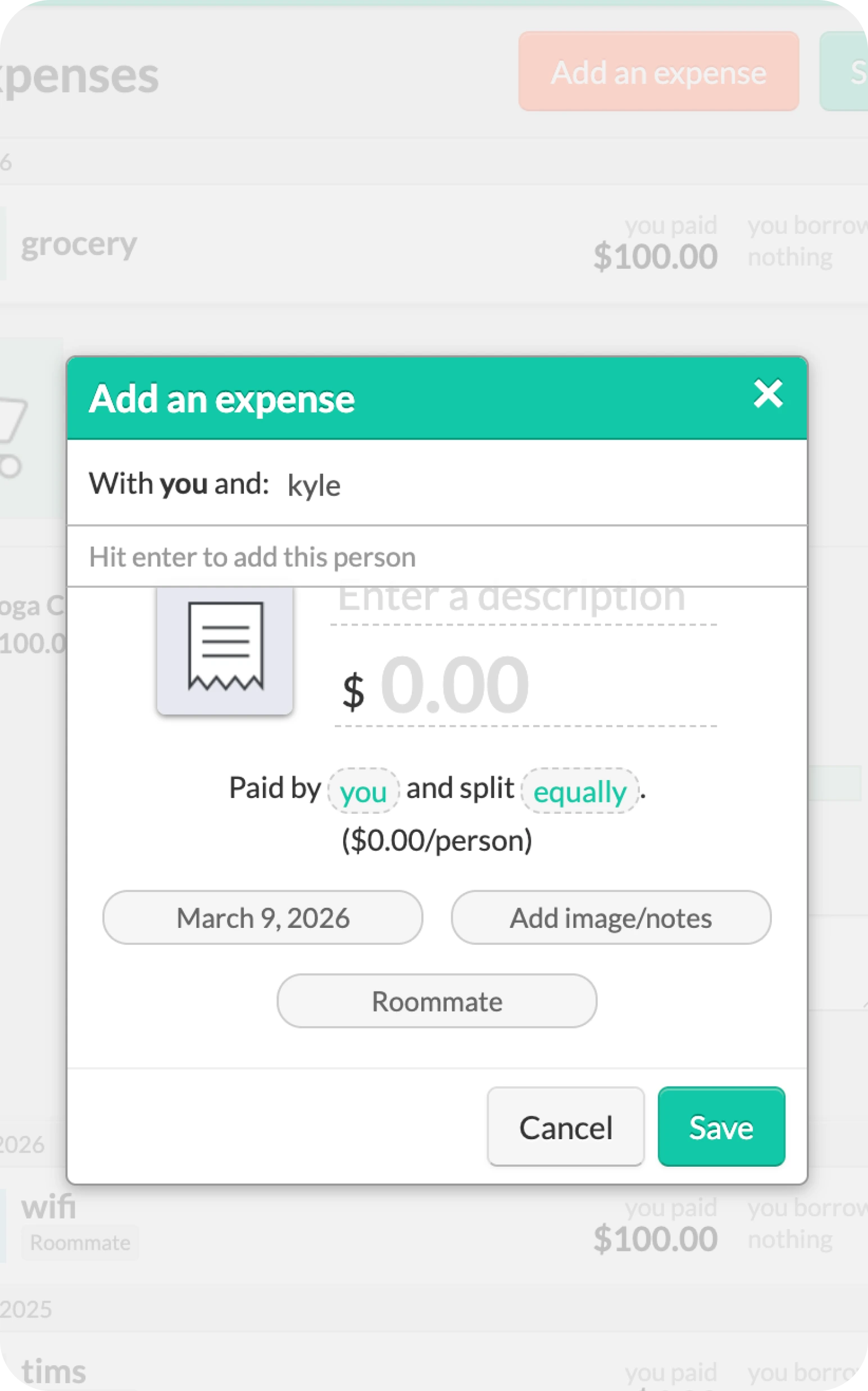 Splitwise cost-add UI , ledger-first
