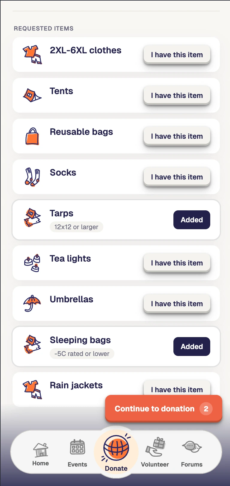 Item donation feed screen
