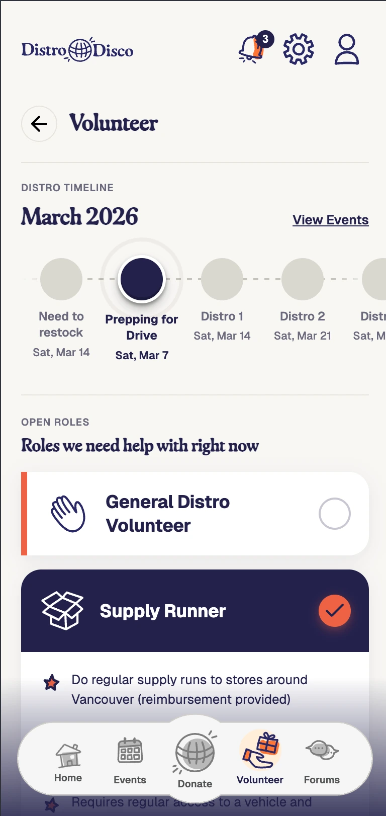 Volunteer roles screen