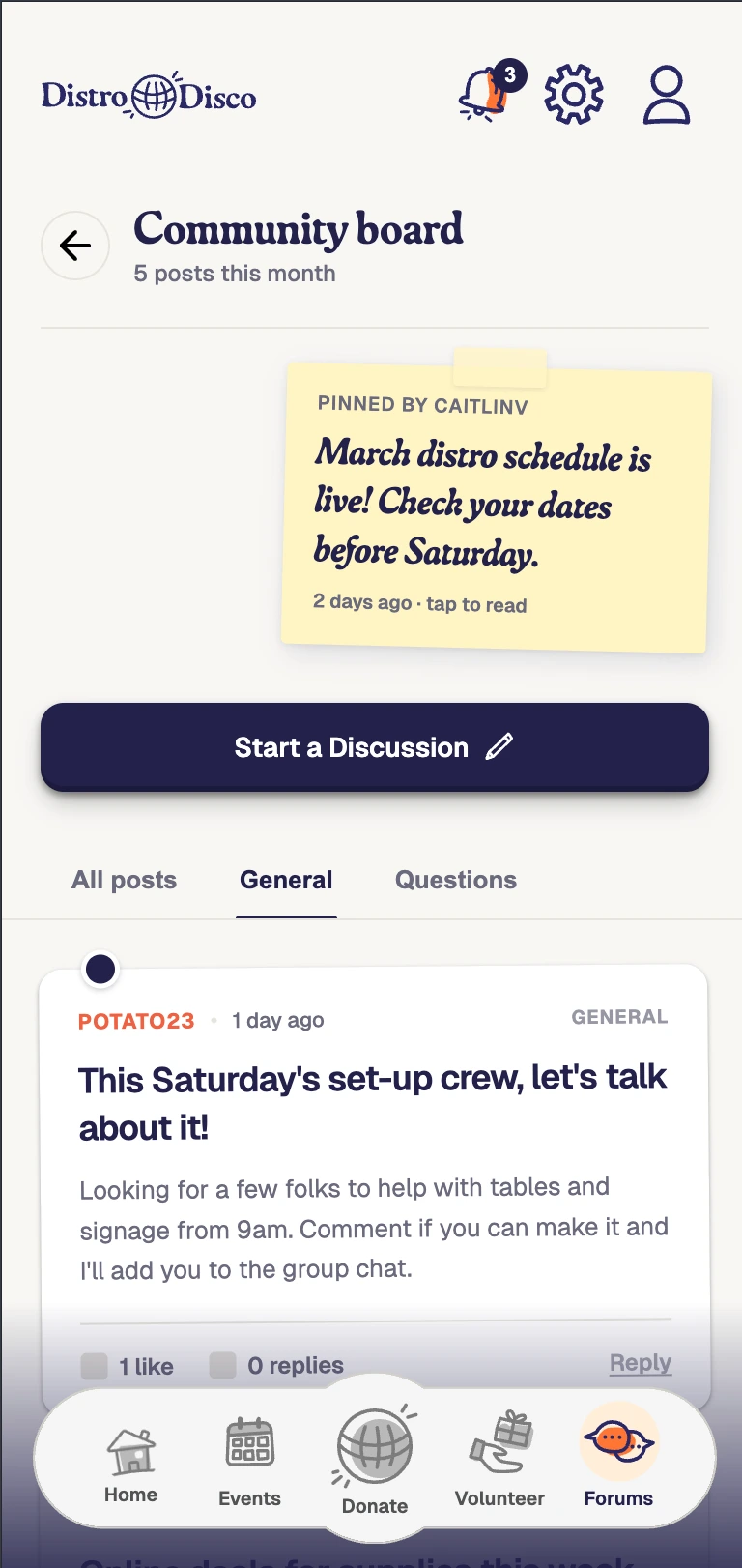 Forum pinboard screen