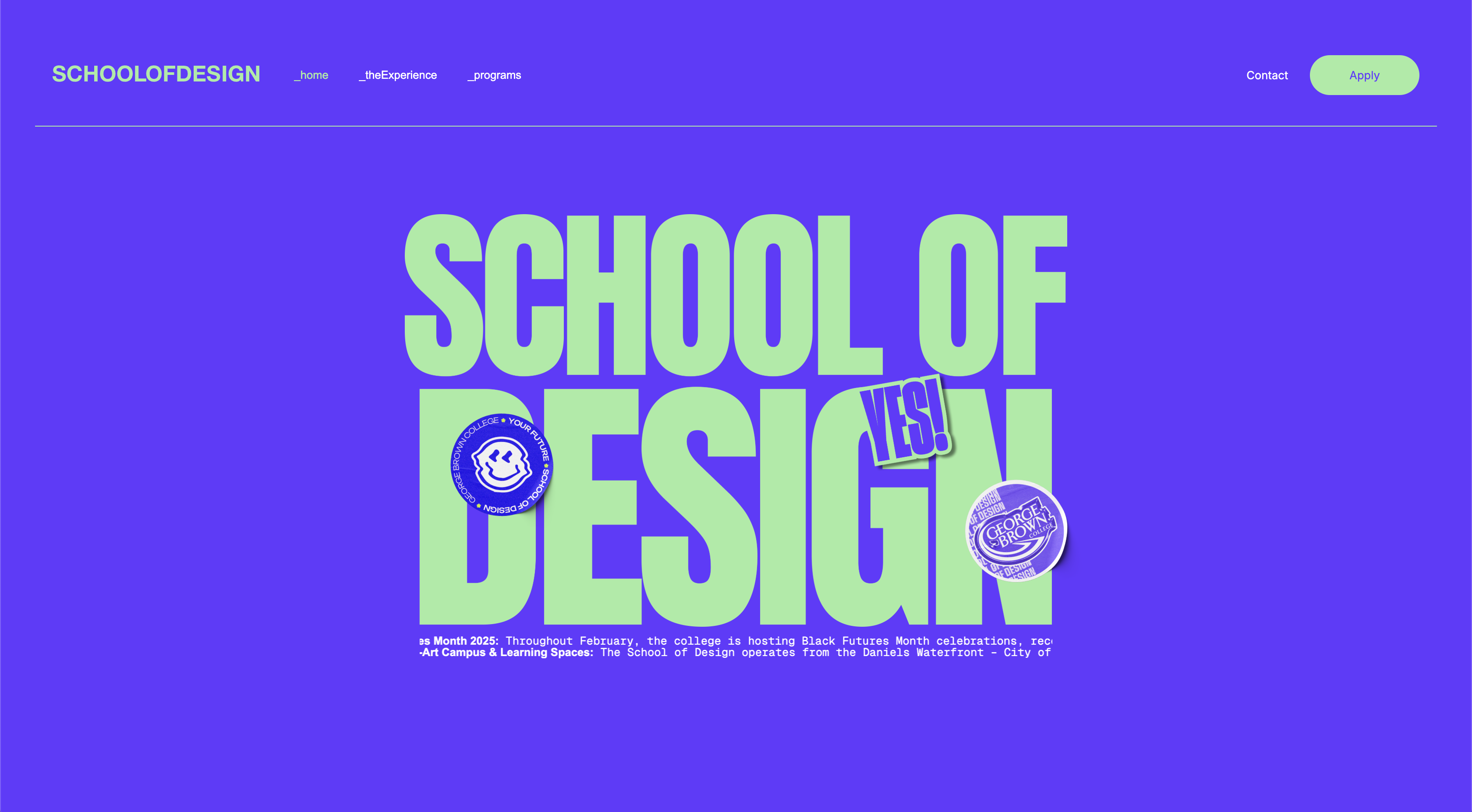 School of Design homepage mockup